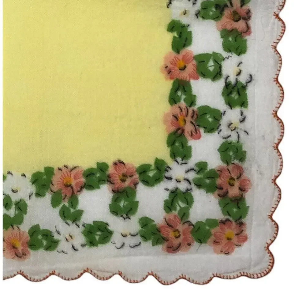 VTG Yellow Floral Scalloped Border Cotton Handkerchief Hankie Pocket Square 11” - Picture 1 of 2